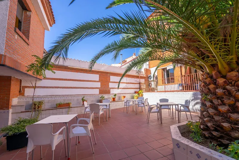 Patio exterior con mesas, sillas y palmera en centro casaverde la asuncion