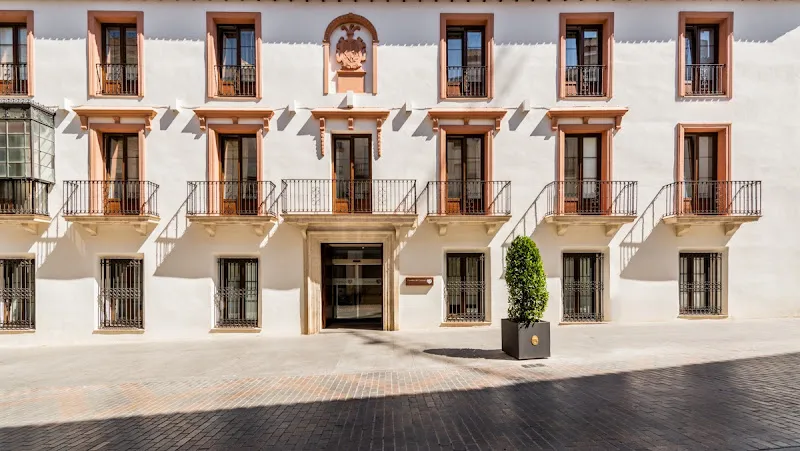 Fachada iluminada de domusvi condes de corbull con balcones, puerta central y maceta en la plaza