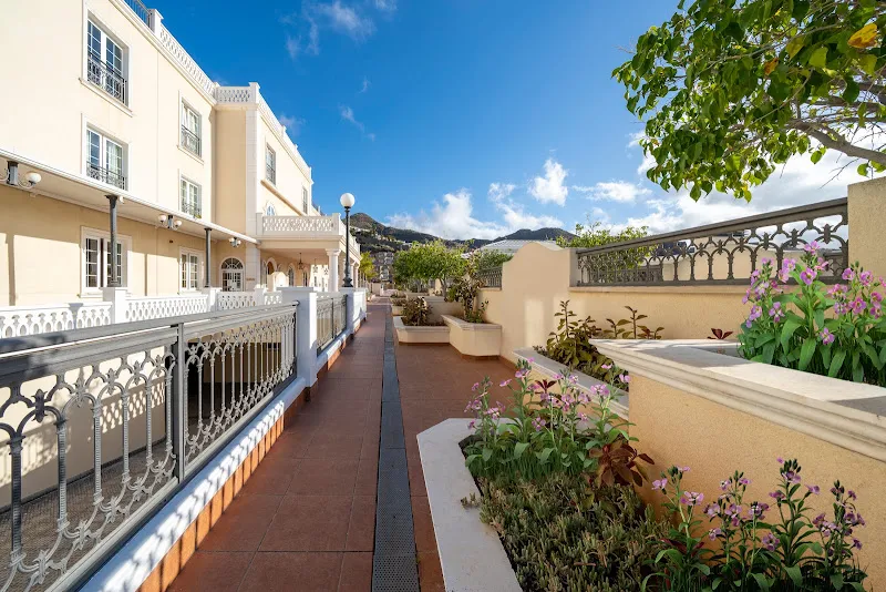 Terraza exterior soleada con maceteros y pasarela en mi residencial senior residencia de mayores en tenerife