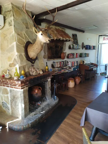 Salón acogedor con chimenea, estanterías y cabeza de ciervo en residencia de mayores los cerezos.