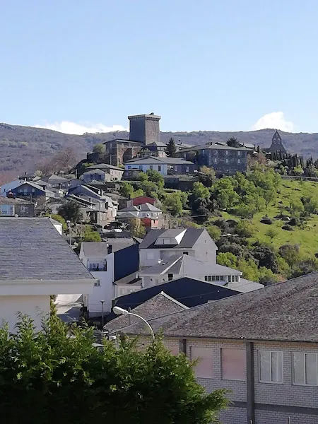 Panorámica del pueblo en la ladera con residencia o bolo fundacion san rosendo y torre histórica que muestra casas tradicionales, tejados y una torre antigua sobre la colina