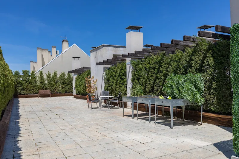 Terraza amplia con mesas, sillas y jardineras en sanitas residencia de mayores henares
