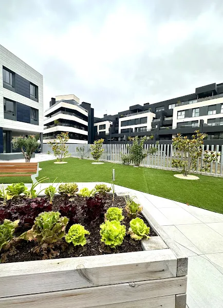 Área ajardinada con huerto urbano y edificios modernos en vitalia home burgos.